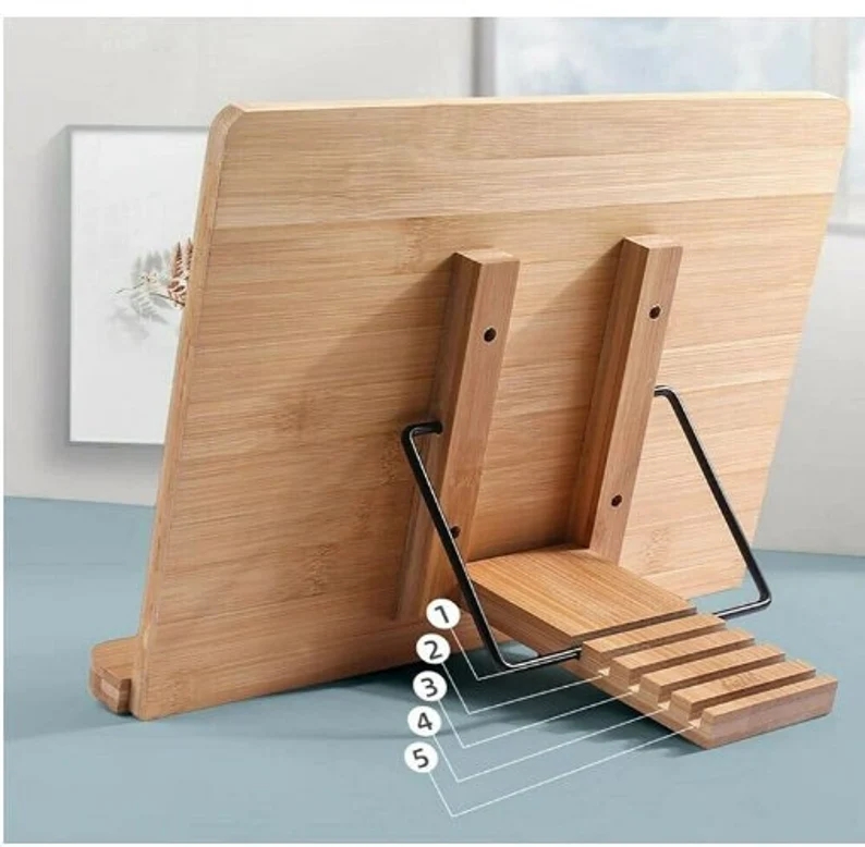 Book Stand Book & Tablet Rest Cookbook Reading Holder with 2 Metal Page Holders Foldable Adjustable Stand Recipe Book Holder