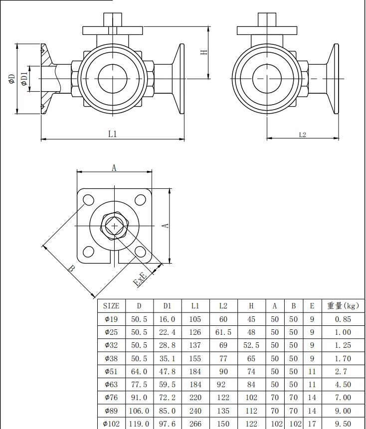 Silver 3pc High Platform Sanitary Ball Valves for WZ 3A DIN CE ISO Stainless Steel Length