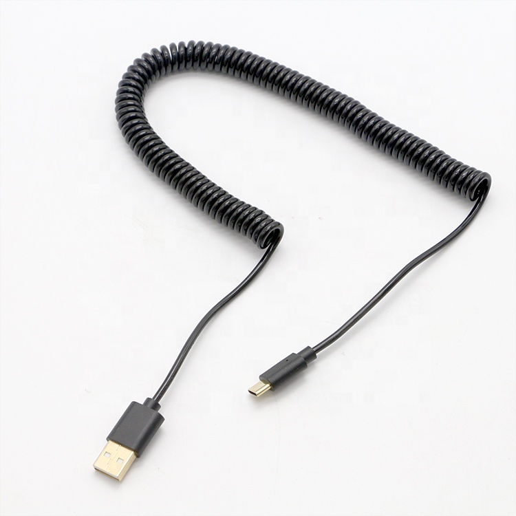 Custom Black Spring Fast Charging Coiled Sprial USB Type C to USB Charger Extension Cable