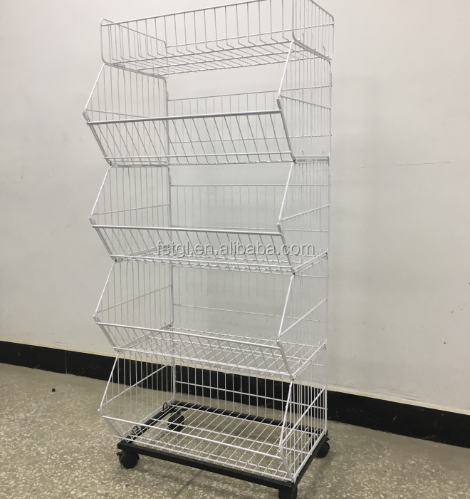 Versatile 5-Tier Metal Wire Basket Stand for Supermarket Snack Display in Metallic