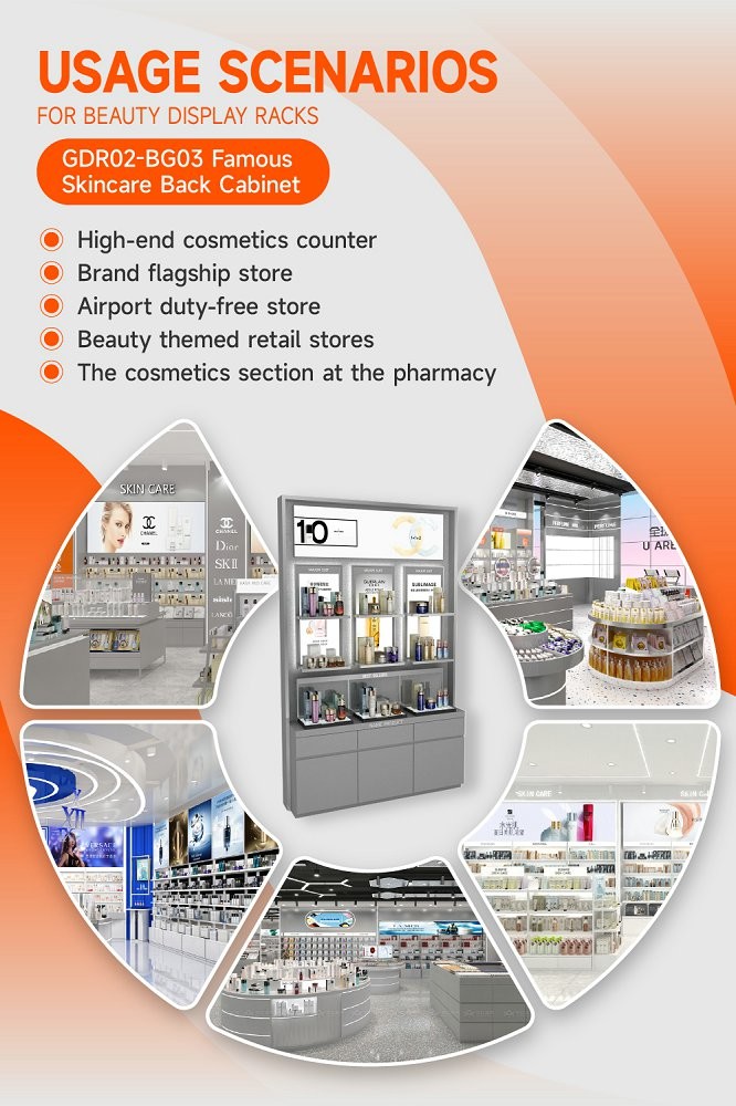 GDR02-BG03 Skincare Display Cabinet with 60mm Soft Film Light Box and Milky White Organic Material for Cosmetic Stores