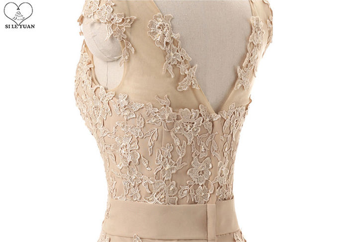 Champagne Lace Bridesmaid Dresses / Beaded Chiffon Plus Size A Line Ball Gowns