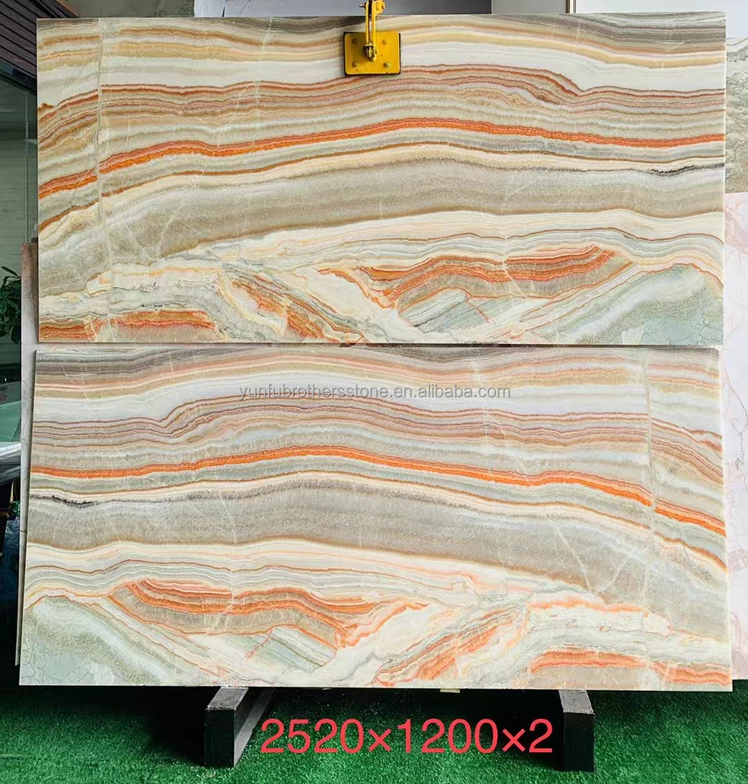 Hotel Table Furniture Design with Natural Stone Bookmatched Rainbow Onyx Marble Slab