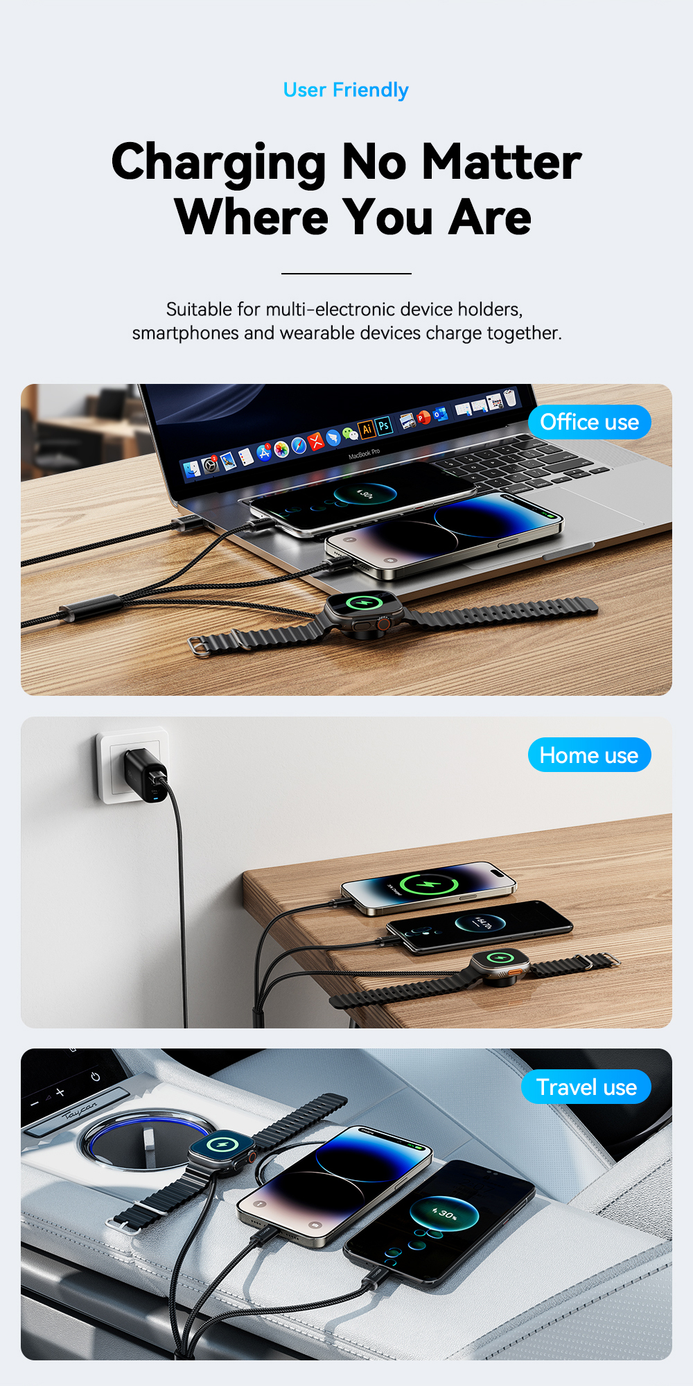 TPE USB A To USB C + L + Watch Cable 3 In 1 Charging Cable 3A ES-X60 Series