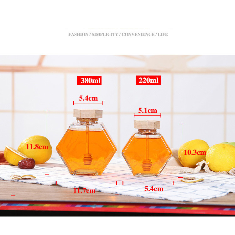 Wooden Lid 12 Oz 13.4oz Hexagon Glass Honey Jar Transparent