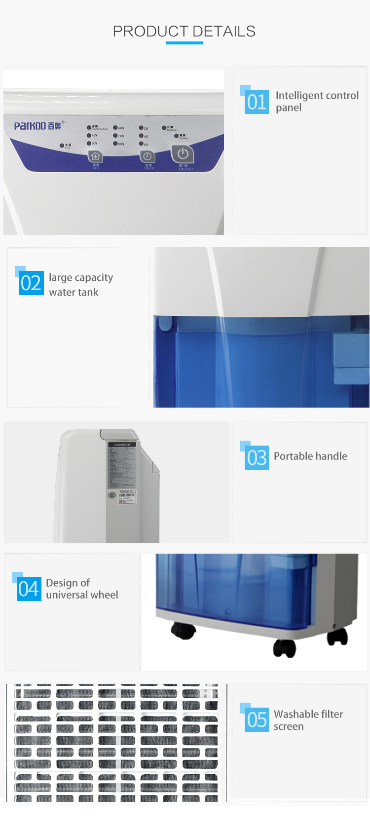 PARKOO 230w 20L/Day 3L Small Room Dehumidifier