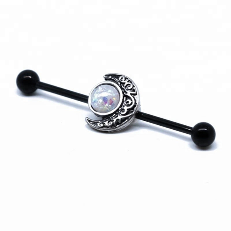 Black body piercing jewelry industrial slider with dichroic opal moon charm