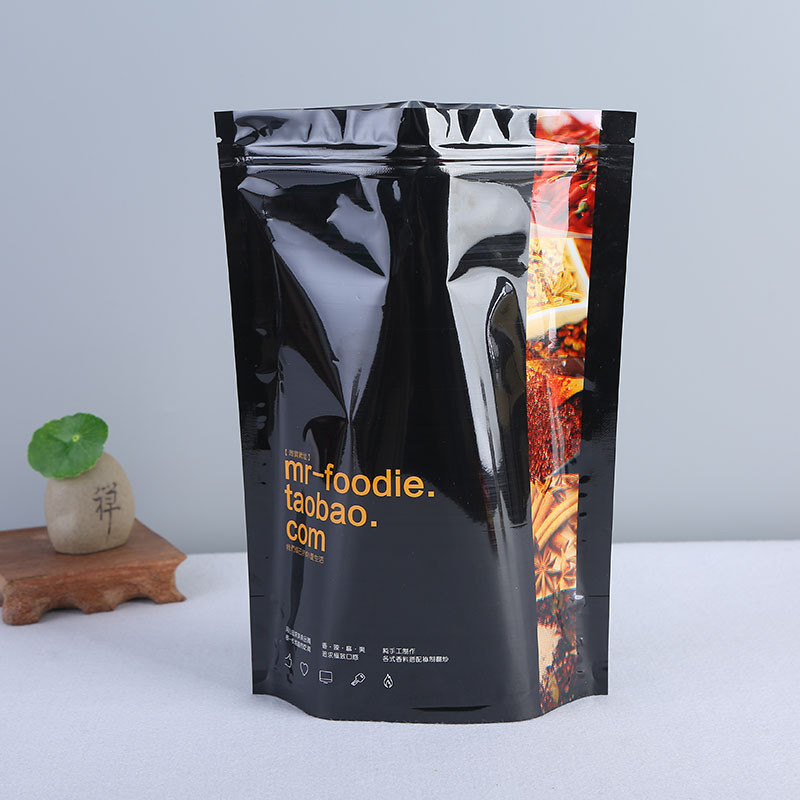 Black Printing Eight-sided Zipper stand up zip lock aluminum foil food grade bag for Tobacco Packing