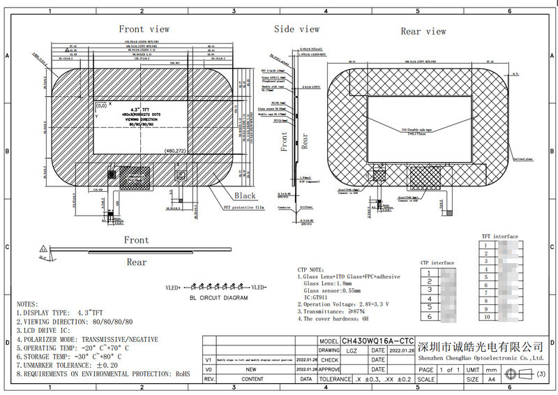 4.3 Inch Tft Small Lcd Touch Screen 10 Pin 480*272 Resolution With Gt911 Ctp Ic