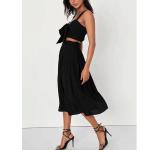 Crinkle Woven Rayon Black Sleeveless Tie-Front Two-Piece Dress Smocked Crop Tank