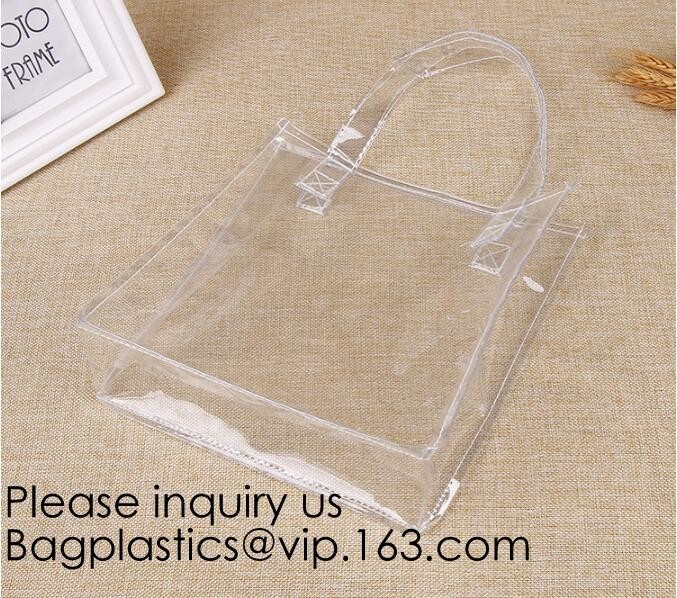 Reusable Custom Transparent PVC Shopping Bag Promotional Items Ladies Clear Plastic Beach Tote Bags Women, bagease, pack