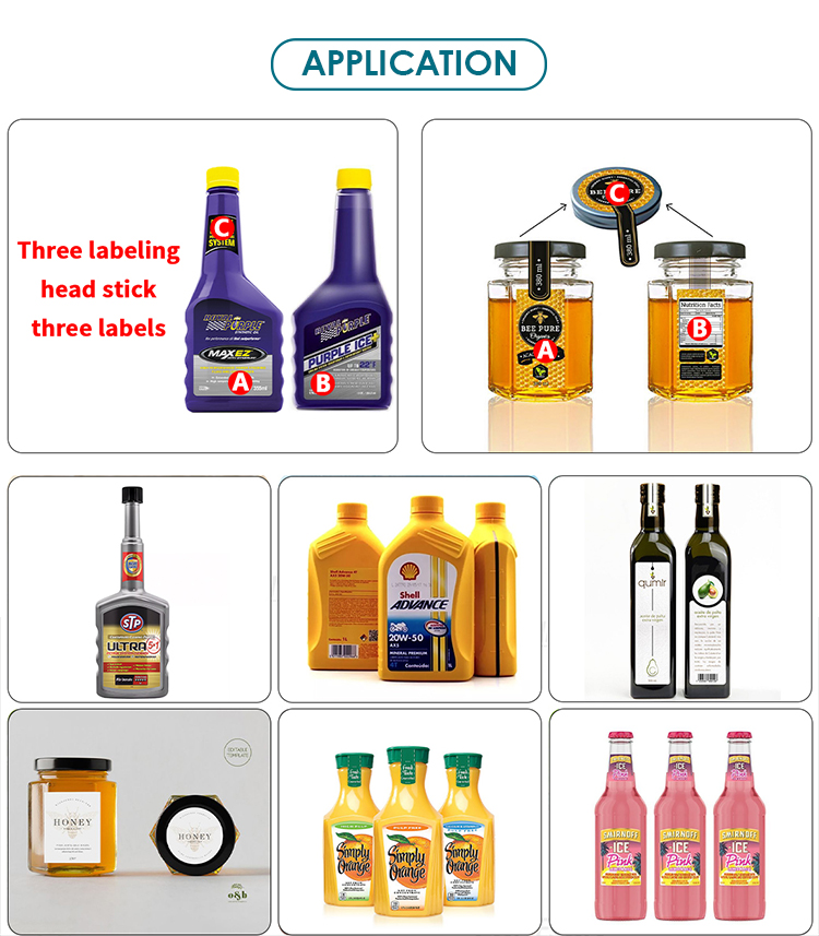 YM630 3 heads Fully Automatic Roll to Roll three sides Flat Square Bottle Labeler
