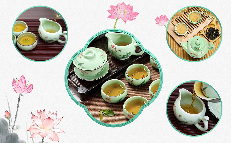 Kung Fu Tea Cup Set Porcelain Gongfu Tea Set 6.7oz With Bamboo Tray