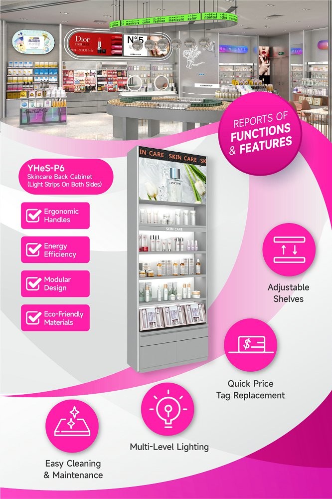 YHeS-P6 Adjustable Shelves Skincare Display Cabinet with 60mm Soft Film Light Box