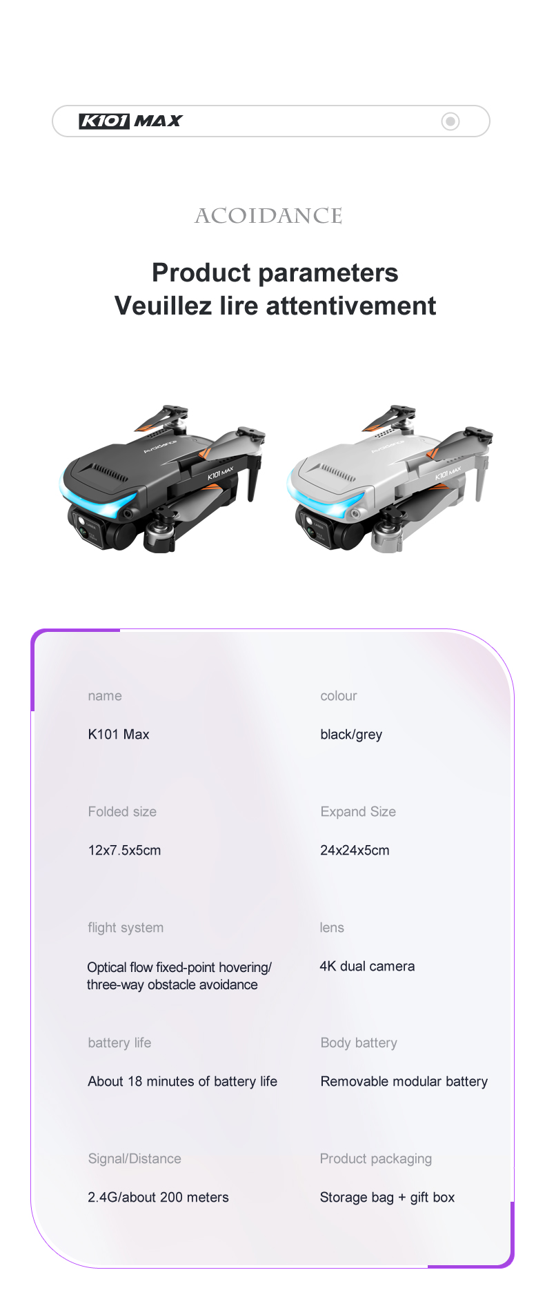K101 Max Drone Black Gray 4K Dual HD Camera FPV Mini Dron Aerial Photography Brushless Motor 100m Remote Control Distance