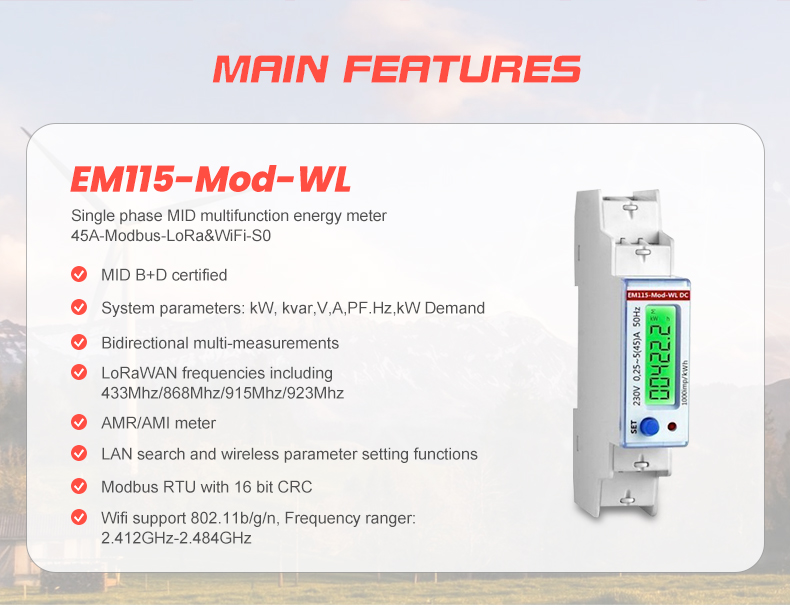 EM115-Mod-WL DC 230V 50Hz 5 45 A kwh meter for Digital Only Modbus RTU Smart Wireless Lora Energy Meter