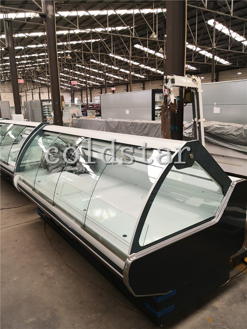 Deli curved display refrigerator showcase 2m to 4m with lifing door/sliding glass door