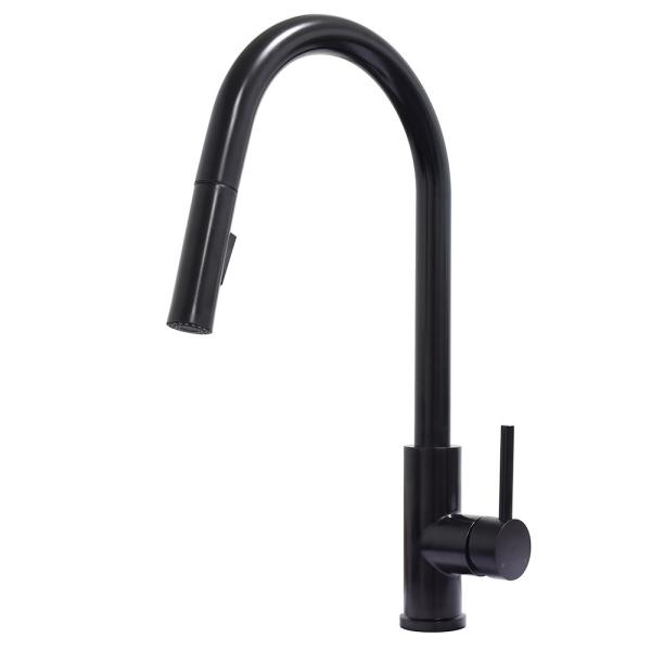 Buy cheap Lead free Matte black long neck kitchen faucet single handle black kitchen faucet with pull out sprayer from wholesalers