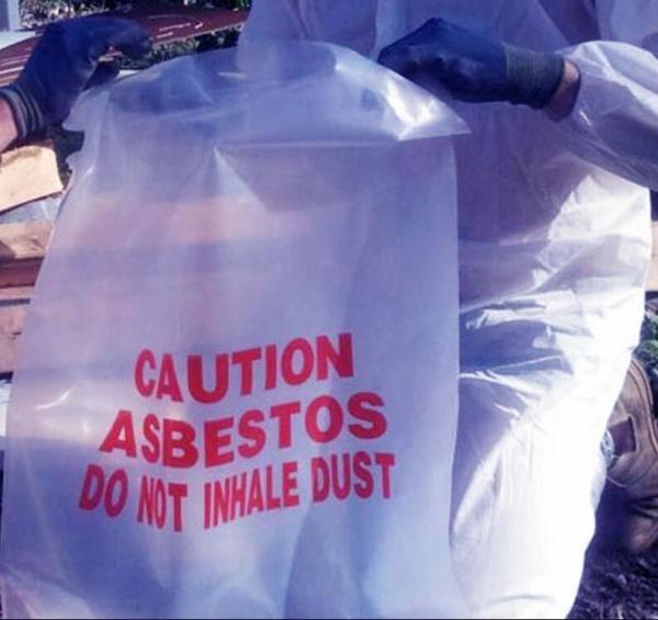 Asbestos Removal, disposable plastic yellow poly asbestos warning printed burial