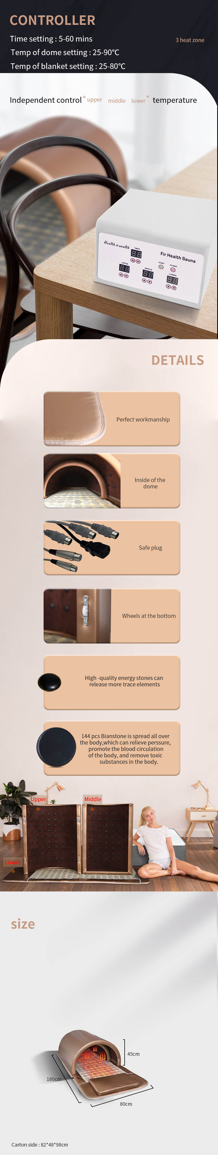 Far Infrared Heat Slimming Curve Sauna Dome Pine Wooden Frame With Tourmaline Stone