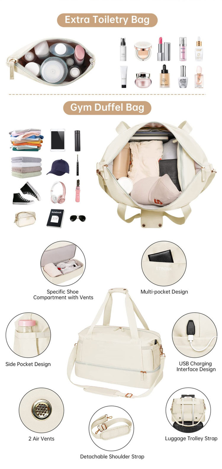 Custom Materials Sports Travel Duffel Bag With Usb Charging Port Wet Dry Separation
