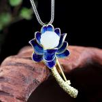 18K Gold Plated 925 Silver Enamel Lotus Flower Jade Pendant Necklace Brooch For
