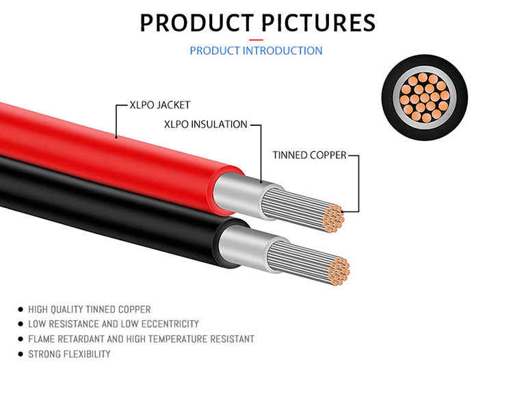 Tinned Copper Conductor 2.5mm2 Waterproof DC Solar Electric Wire for PV Cable 1000V 1500V
