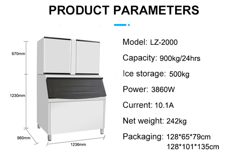 900kg 24Hours LZ-2000 Split Double Head Comercial Ice Cube Maker Filling capacity 800g
