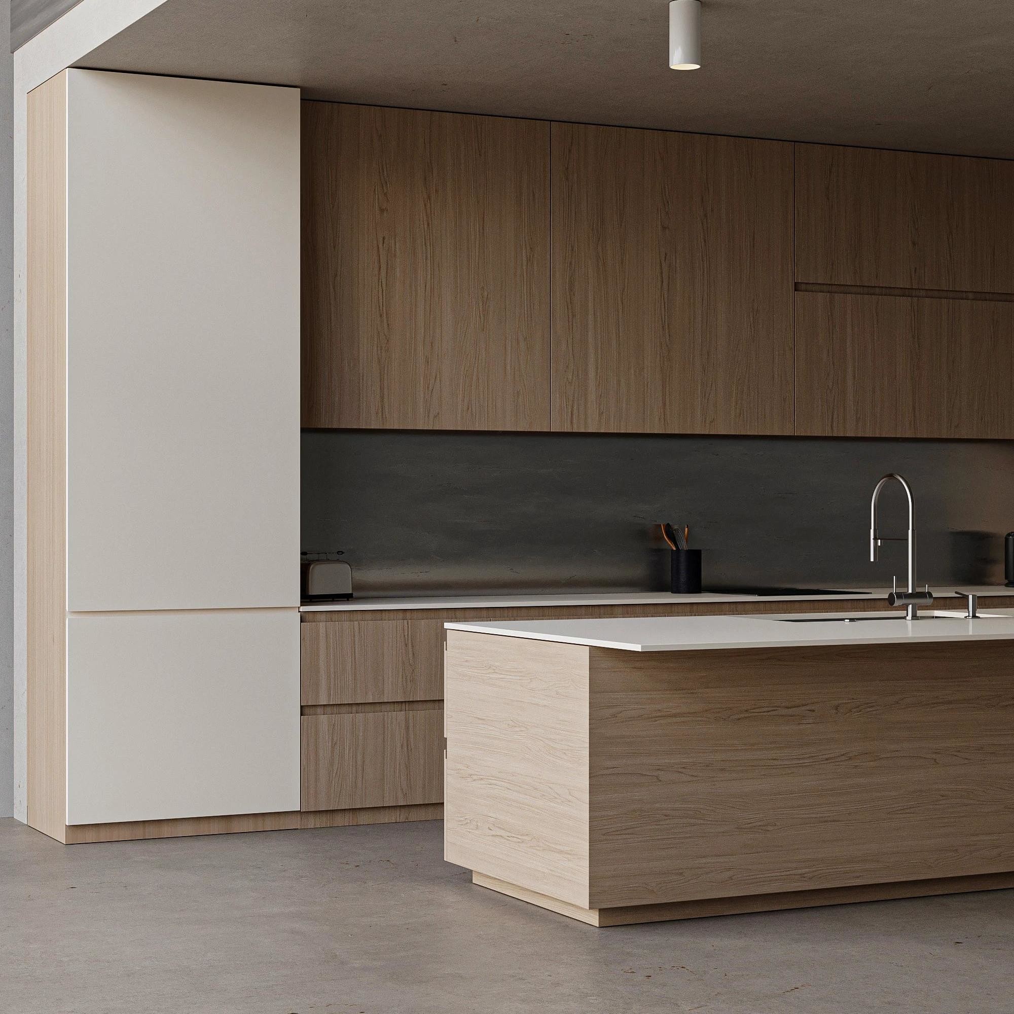 Custom Matt Modern Island Designs Storage Wood Grain Kitchen Cabinet for Villa