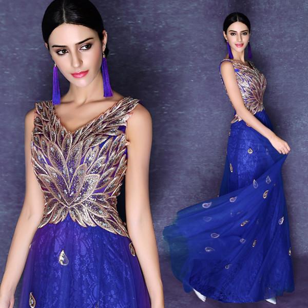 Buy cheap Deep V Neck Royal Blue Gold Embroidery Evening Dresses Annual Meeting Host Dress TSJY033 from wholesalers