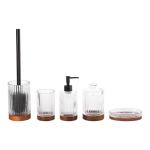 5pcs Glass Bathroom Accessories Set Clear With Wood Base Round Shape Ribbed