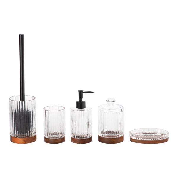 Buy cheap 5pcs Glass Bathroom Accessories Set Clear With Wood Base Round Shape Ribbed Vertical Stripe from wholesalers