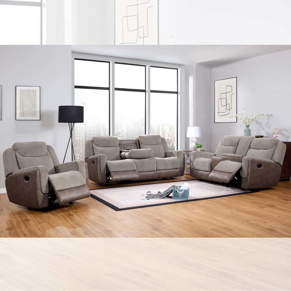 Recliner Sofa set with Dropdown Table and Storage Box, Light brown & Brown Fabric