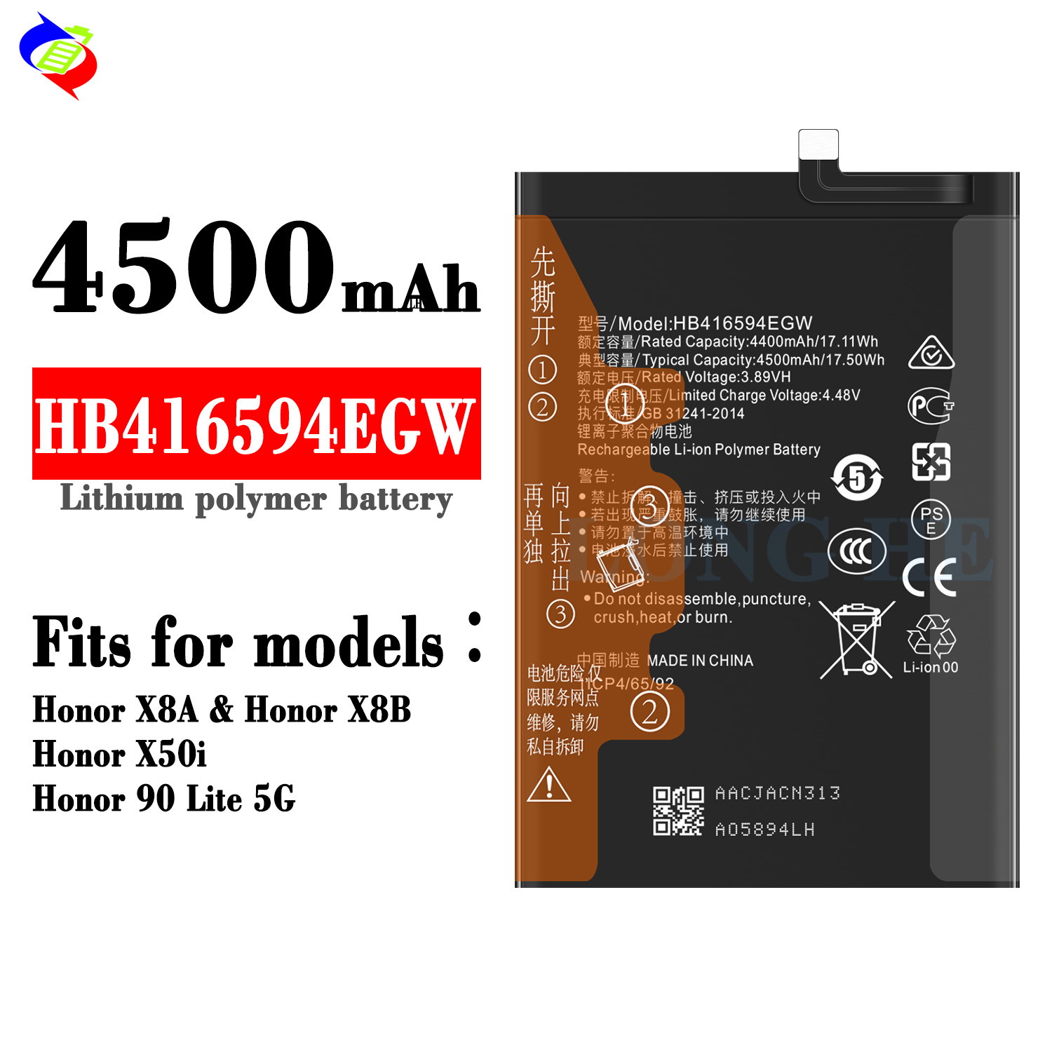 4500mAh Rechargeable Batteries HB416594EGW for Huawei Honor X50i X8A X8B 90 Lite 5G Mobile Phone