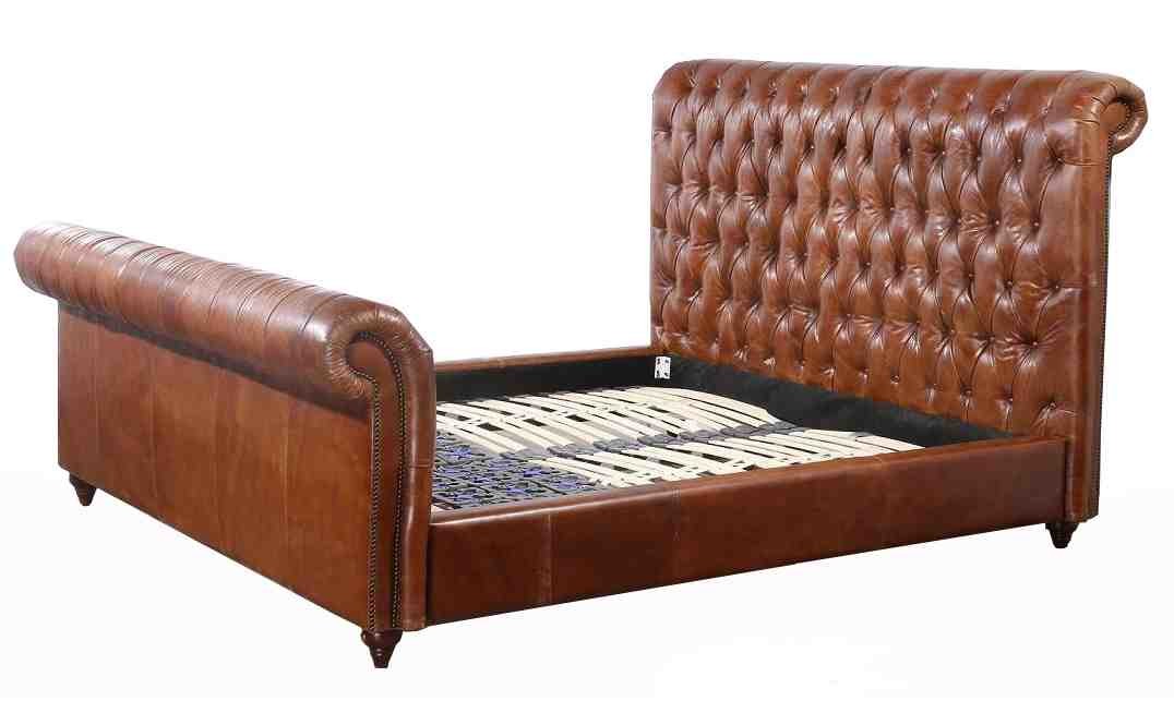Villa Leather Tufted Sleigh Bed Genuine Leather Beds