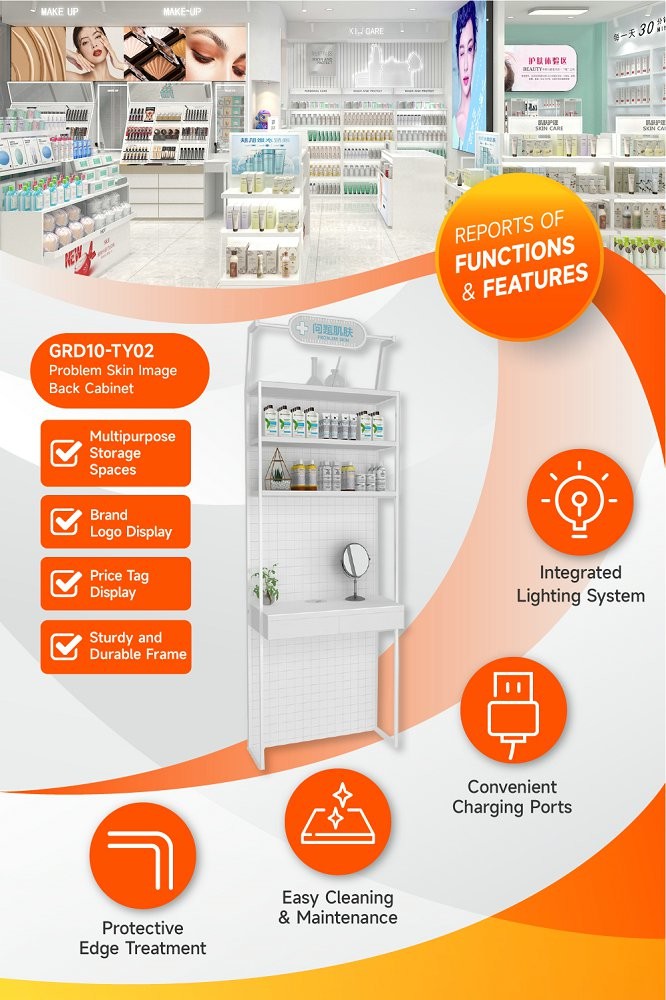 GDR10-TY02 Retail Store Display with White LED Light Strips and 5mm Ultra-clear Glass Tabletop for Cosmetics Retail Stores