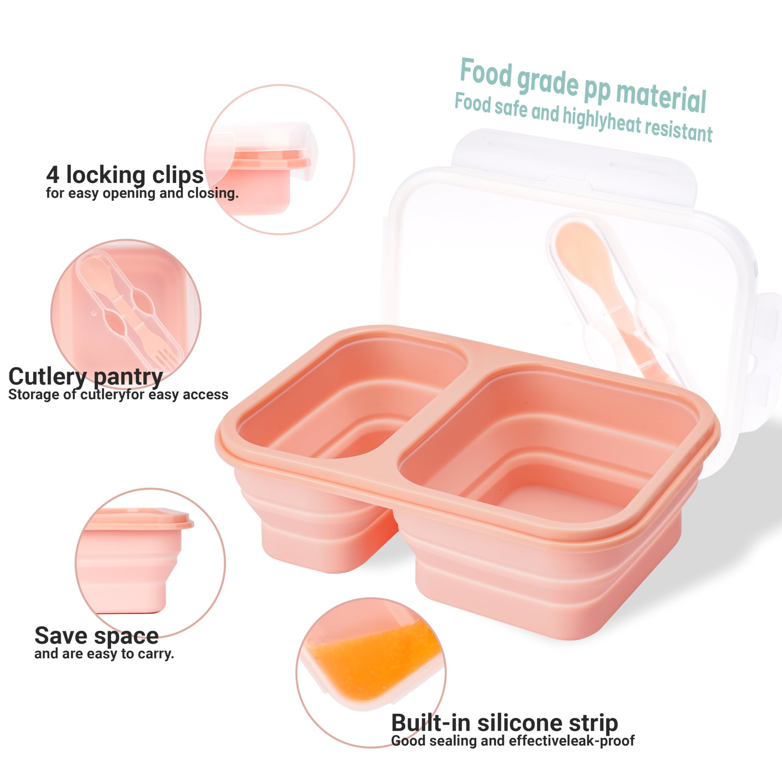 2 Compartments Collapsible Lunch Containers With Lid Lunchbox With Utensils Foldable Silicone Bento For Adults BPA Free