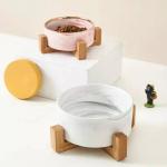 Customized Round Pet Bowls Matted Ceramic Dog Bowls With Wooden Stand For Dogs