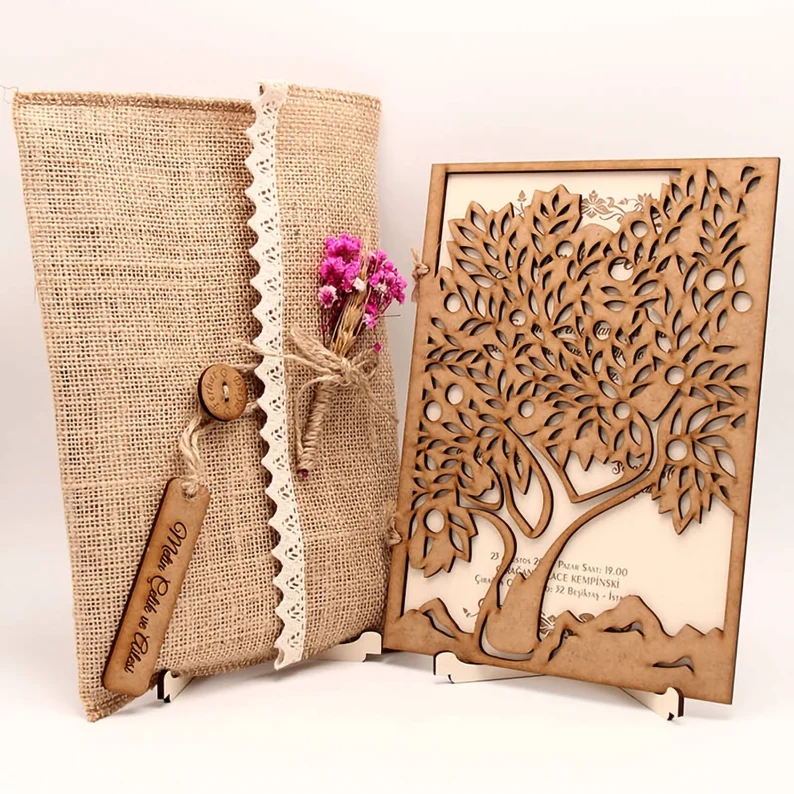 Rustic Wood Invitation with Guest Name Tag Rustic Wooden Laser Cut Invitation with Rustic Envelope