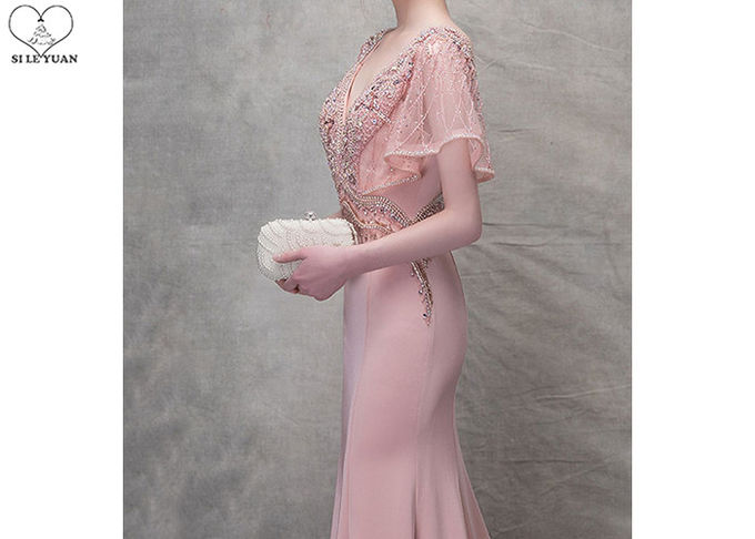 Pink V Neck Mermaid Prom Dress Lotus Leaf Sleeve Top Heavy Beading Backless
