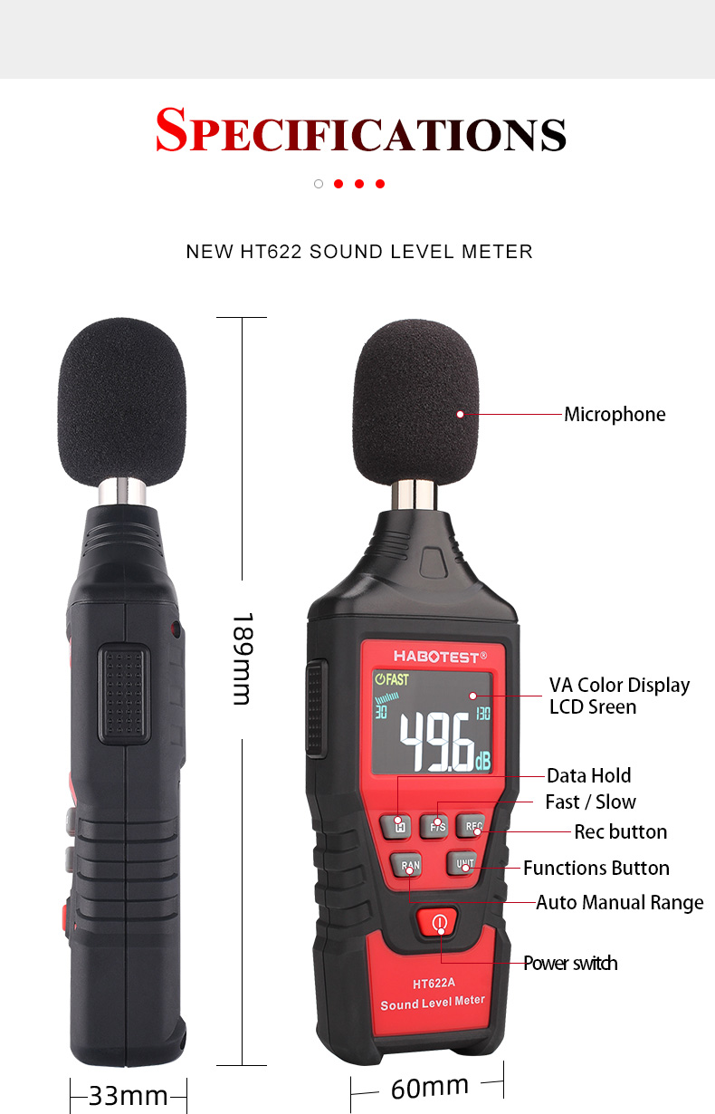 50dB Digital Sound Level Meter , HT622A Noise Measuring Instrument