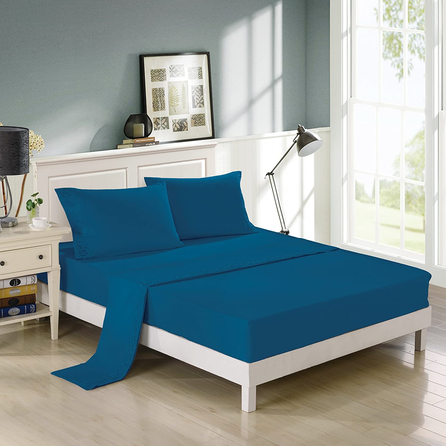 Ready to Ship Luxury Scroll Flowers Embroidery Bed Sheet in Soft Brushed Microfiber