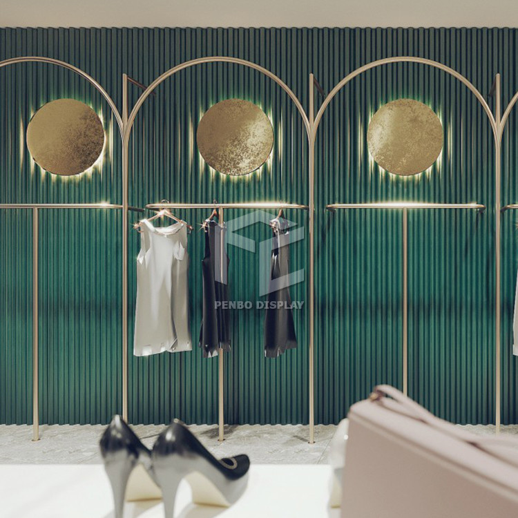 Lady Clothing Electroplate Boutique Display Racks Stands Customized