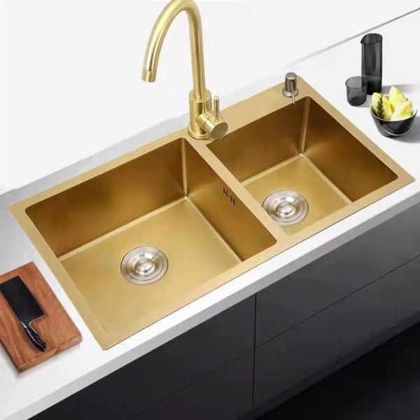 Buy cheap Double Basin Satin Finish Matte Gold Kitchen Sink Depth 220mm from wholesalers