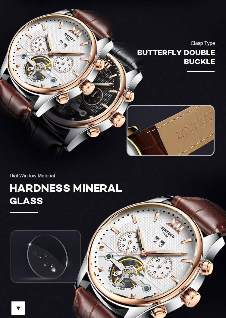 KINYUED Fashion Tourbillon Automatic Movement Mens Automatic Mechanical Watch Genuine Leather Wristwatch