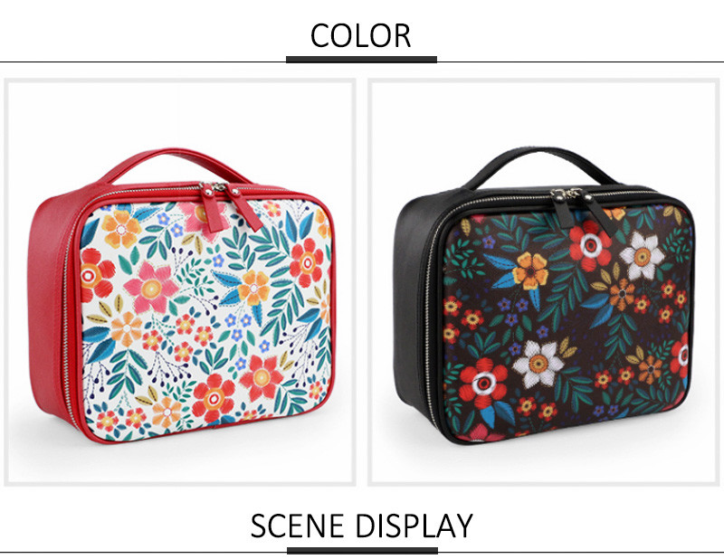 Travel Cosmetic Bag With Zipper Floral Compartment Red Portable Makeup Bag