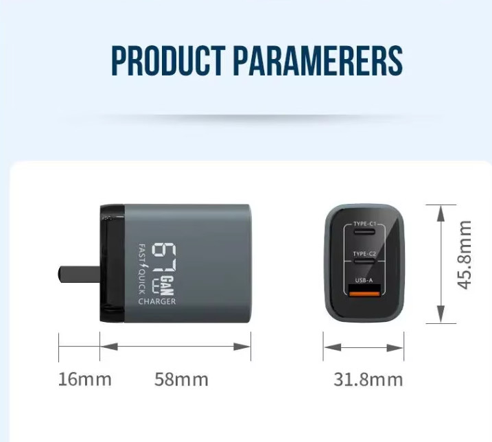 67W GaN USBA With USB C Dual Ports Charger Super Fast Charging Charger PD Adapter RoHS Certified 100-240V Global Universal