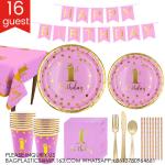 Baby'S Birthday Party Pink Paper Plate Napkin Cup Straw Tablecloth Decorative