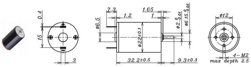 22mm 12v Dc Motor Brushes 5735rpm Load Speed 25 MA Load Current