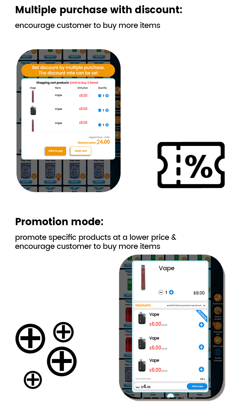 micron standing floors vape vending machine has multiple purchase shopping cart system, customer can get discount by using shopping cart